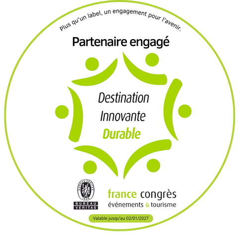 Label Destination Innovante Durable, partenaire engagé, délivré par Bureau Veritas et France Congrès